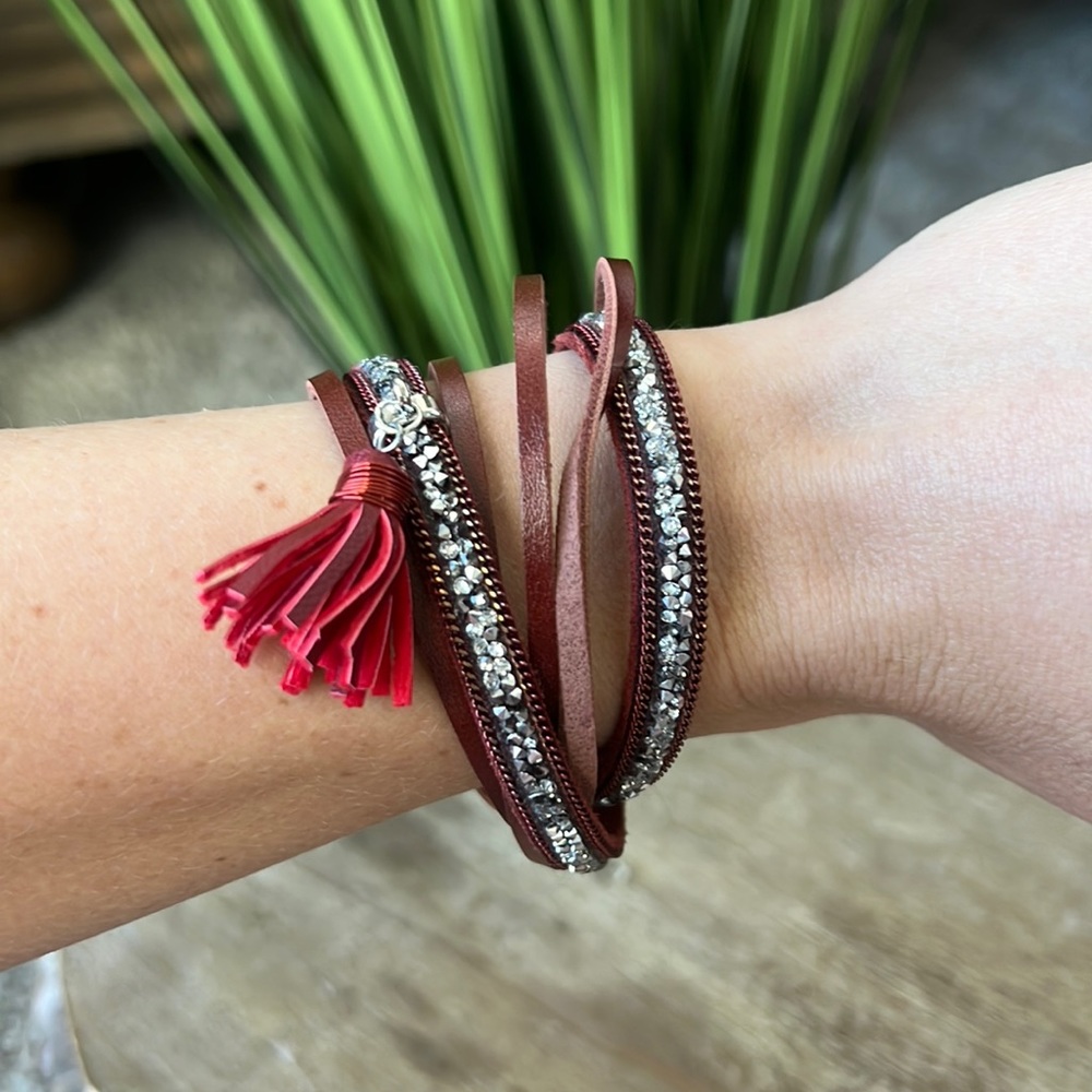 Red leather looking wrap bracelet with some bling.
